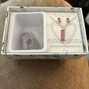 Lu Gaeta Amethyst Jewelry & Stone Gift Set – 14KT Gold Plated Necklace + Earring